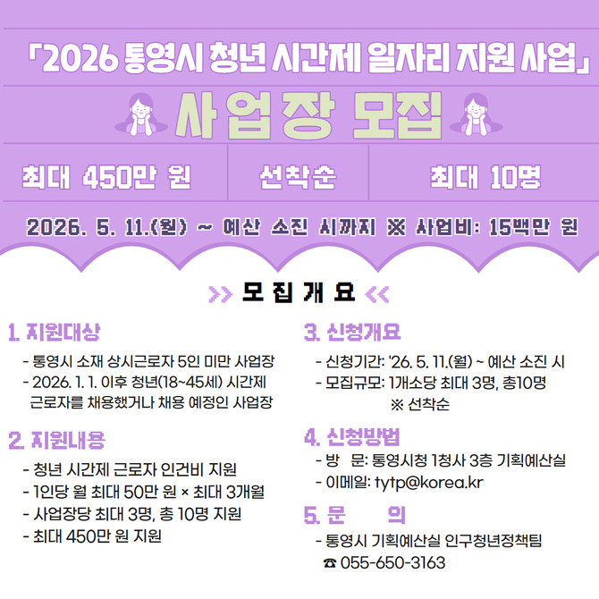 통영시가 취업준비생 및 취업 취약계층 청년의 일자리 경험 확대와 경제적 자립 지원을 위해 시행하는 '2026년 통영시 청년 시간제 일자리 지원 사업' 안내 포스터. ⓒ 통영시