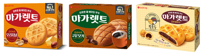 롯데웰푸드 마가렛트 제품 모음(왼쪽부터 오리지널, 구운모카, 호두과자맛). ⓒ 롯데웰푸드