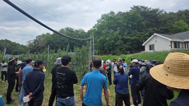 제16기 봉화농민사관학교 사과심화과정 교육생들이 다축선도농가 현장견학 교육 모습. ⓒ 봉화군