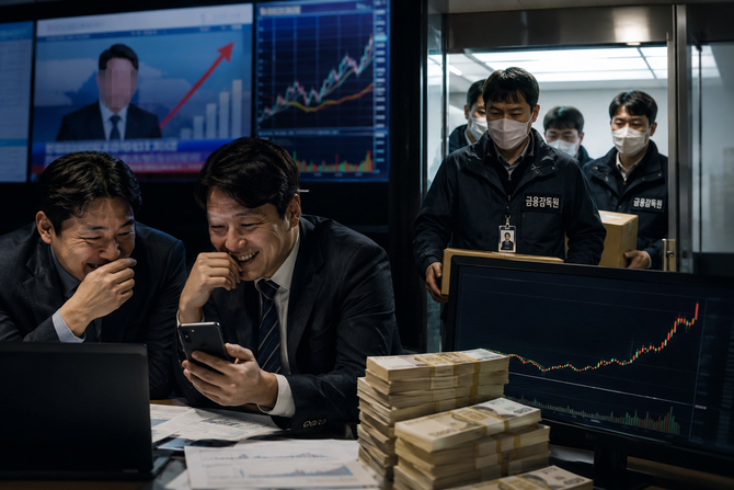 특징주 기사를 이용한 선행매매로 93억원대 부당이득을 챙긴 전·현직 기자와 공인회계사 등이 검찰에 송치됐다. ⓒ 챗GPT 생성 이미지