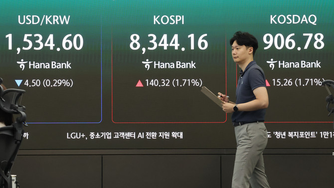 24일 서울 중구 하나은행 본점 딜링룸 현황판에 원·달러 환율, 코스피, 코스닥 지수가 표시돼 있다. ⓒ 연합뉴스