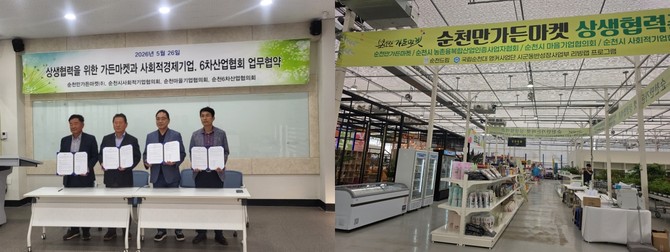 순천 사회적기업과 마을기업 관계자들이 순천만가든마켓 활성화 협약 후 기념사진을 찍고 있다. ⓒ 프라임경제