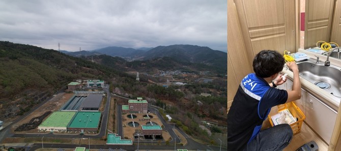 대룡정수장 전경(왼쪽), 상수도과 직원이 수돗물 수질검사를 진행하고 있다. ⓒ 순천시