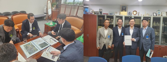 손훈모 순천시장이 국회 국토교통위원회 유의동 위원장을 만나 지역 핵심 현안에 대한 지원을 건의하고 있다(왼쪽), 손훈모 순천시장이 국회 국토교통위원회 장경태 의원을 만나 지역 핵심 현안에 대한 지원을 건의하고 기념촬영을 하고 있다. ⓒ 순천시
