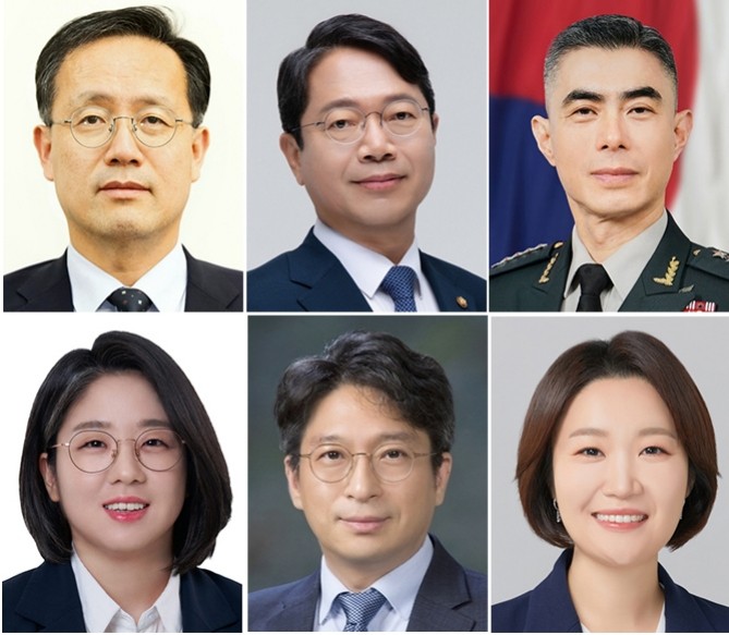 윗줄 왼쪽부터 재정경제부 장관 후보로 지명된 이형일 1차관, 법무부 장관 후보로 지명된 김승원 더불어민주당 의원, 국방부 장관 후보로 지명된 강신철 전 연합사 부사령관. 아랫줄 왼쪽부터 성평등가족부 장관 후보로 지명된 용혜인 기본소득당 의원, 국토부 장관 후보로 지명된 홍지선 2차관, 중소벤처기업부 장관 후보로 지명된 이소영 민주당 의원. ⓒ 청와대