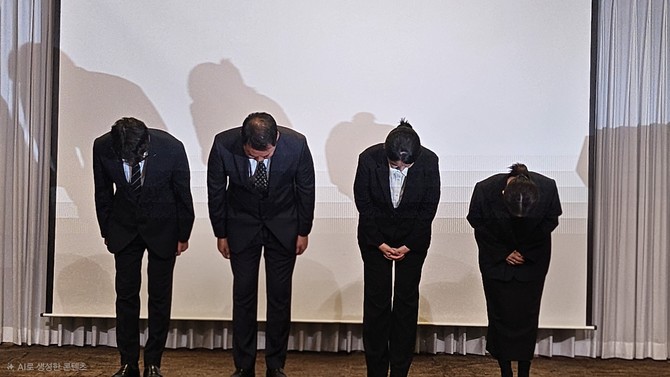 최주희 티빙 대표이사(오른쪽 두번째)와 주요 경영진이 3일 오후 서울 중구 코리아나호텔에서 사이버 침해 사고에 대해 공식 사과를 하고 있다. 왼쪽부터 조성대 네트워크기술본부장, 고민석 인사담당 부사장, 최주희 대표이사, 장현경 사업관리본부장. = 박지혜 기자