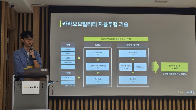 임인호 카카오모빌리티 자율주행개발팀 AI주행파트 리더가 9일 서울 서초구 한국자동차모빌리티산업협회에서 열린 미디어스터디에서 발표하고 있다. = 박지혜 기자