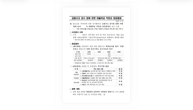 금감원 금융사고 보고서 내용 중 금융사고 공시 업체 관련 대출취급 적정성 점검결과 내용. © 신동욱 의원실