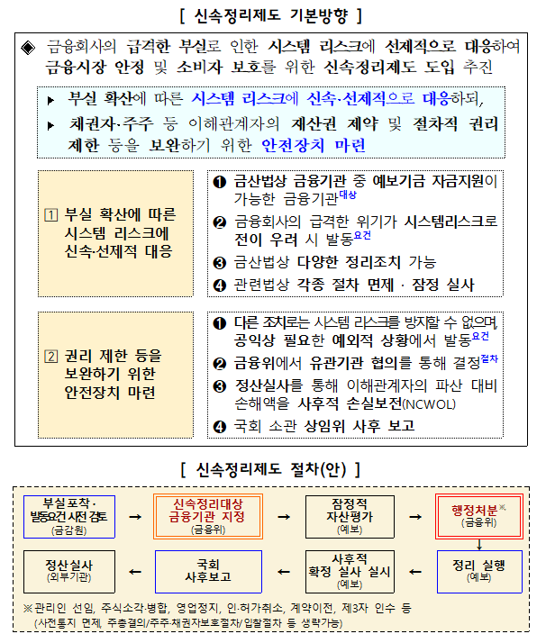 신속정리제도 기본방향 및 절차(안). ⓒ 금융위원회