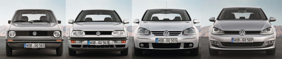 1세대 출시 이후 현재까지 300만대 이상 판매된 글로벌 베스트 셀링 모델인 폭스바겐 골프는 세대가 바뀔 때마다 경쟁 브랜드들의 벤치 마킹 대상이 됐다. 사진 왼쪽부터 1세대&middot;3세대&middot;5세대&middot;7세대. Ⓒ 폭스바겐코리아