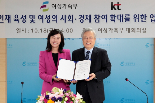  이석채 KT 회장(오른쪽)과 조윤선 여성가족부 장관은 18일 서울시 중구 청계천로 프리미어플레이스 빌딩에서 여성 인재 육성과 사회&middot;경제 참여 확대를 위한 업무협약을 체결했다. ⓒ KT