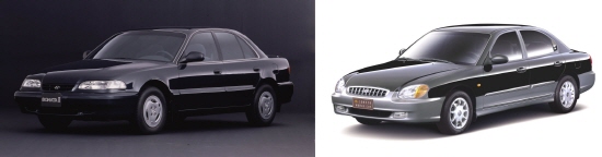  뛰어난 디자인으로 화제를 일으킨 3세대 모델 '쏘나타Ⅱ'는 출시 3년 만에 60만대에 가까이 판매 실적을 올렸다. 사진은 3세대&middot;4세대 쏘나타 . Ⓒ 현대자동차