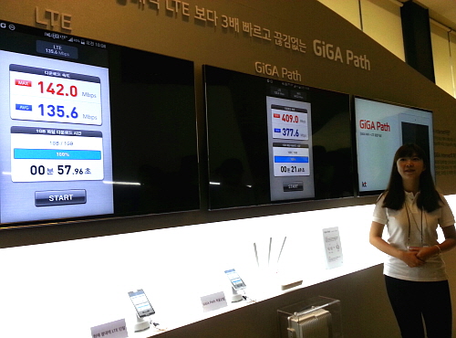  KT 직원은 20일 광대역 LTE 보다 3배 빠르고 끊김없는 '기가패스'에 대해 설명하고 있다. ⓒ 프라임경제