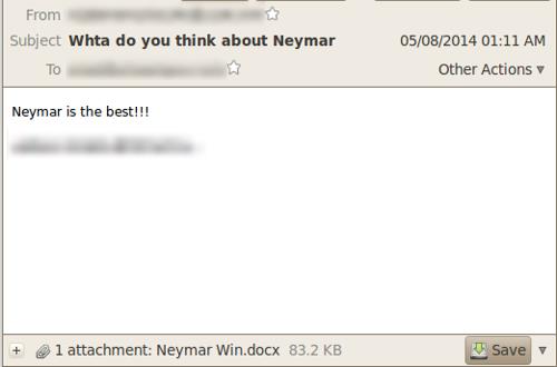  브라질 국가대표팀 네이마르 다 실바(Neymar)의 팬을 겨냥한 악성 첨부파일이 포함된 이메일 사기. ⓒ시만텍.