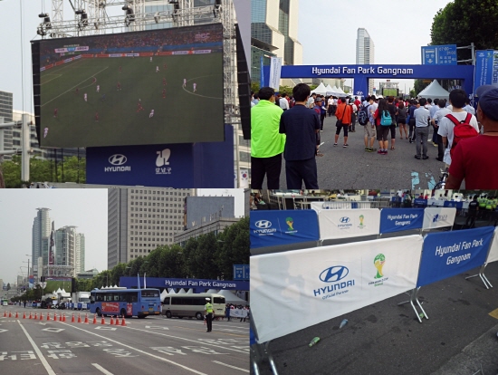  현대&middot;기아차가 길거리 응원을 위해 영동대로 일대에 마련된 '현대 팬파크'는 응원단들에겐 최적의 응원 장소로, 새벽 4시부터는 가수 공연을 진행해 현장 열기를 더욱 달아 올랐다. Ⓒ 프라임경제