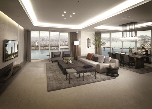  서울숲 공원과 한강 조망이 가능한 전용면적 216㎡ 거실 전경. ⓒ 두산중공업
